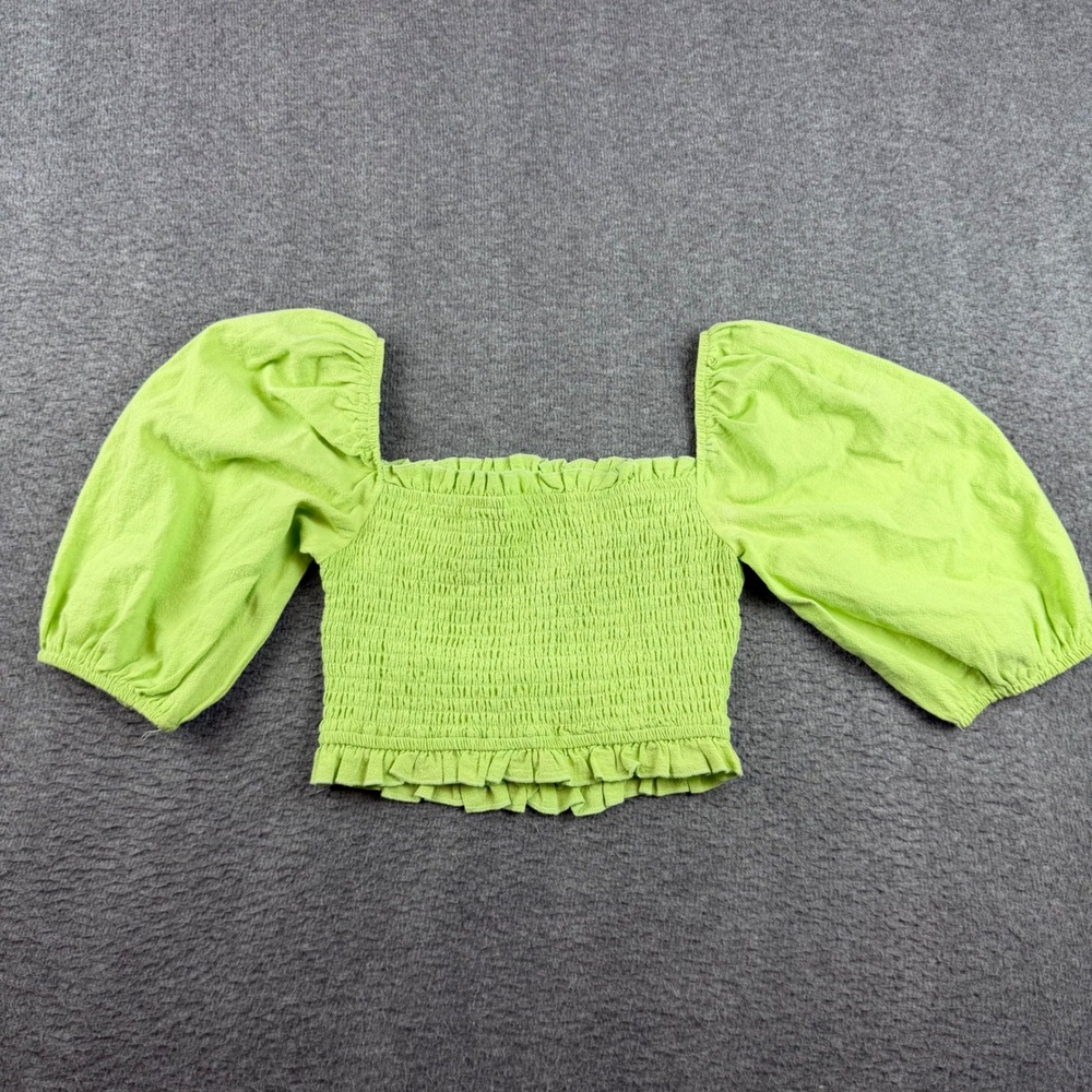 Altar'd State Elenita Crop Top Women's XS Lime Green Smocked Puff Sleeve Boho